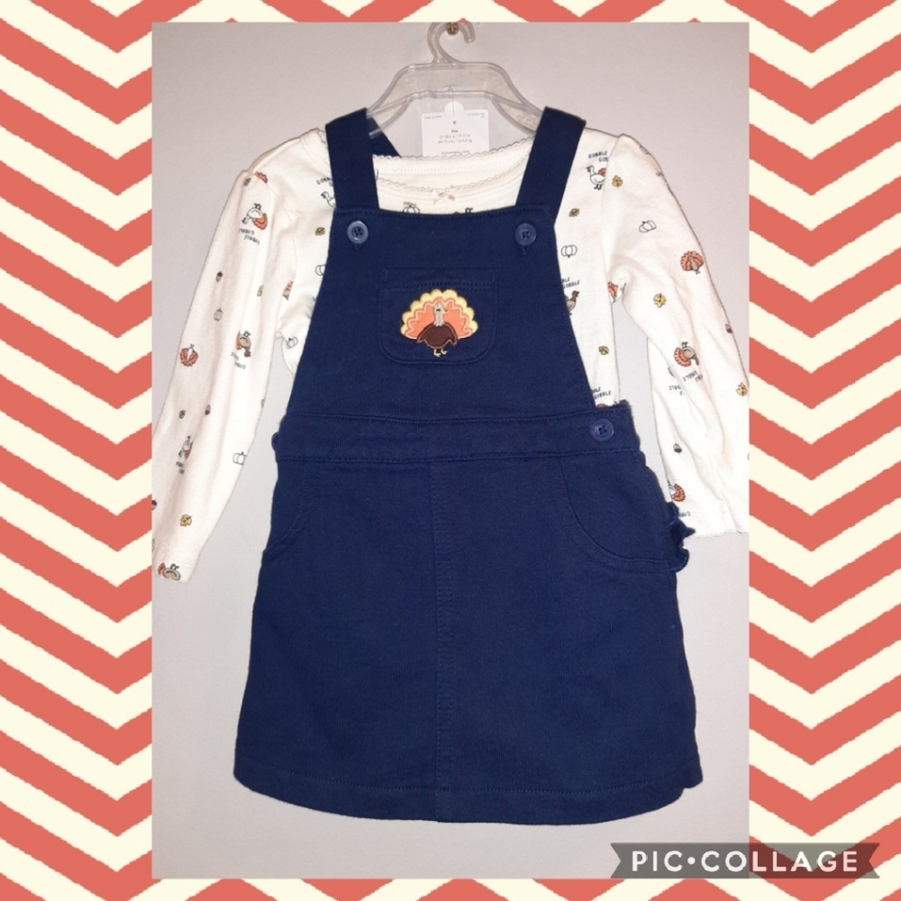 🆕️ Carter's Thanksgiving Jumper Dress Pinafore Onesie 2 Piece Set Baby Girls 🦃